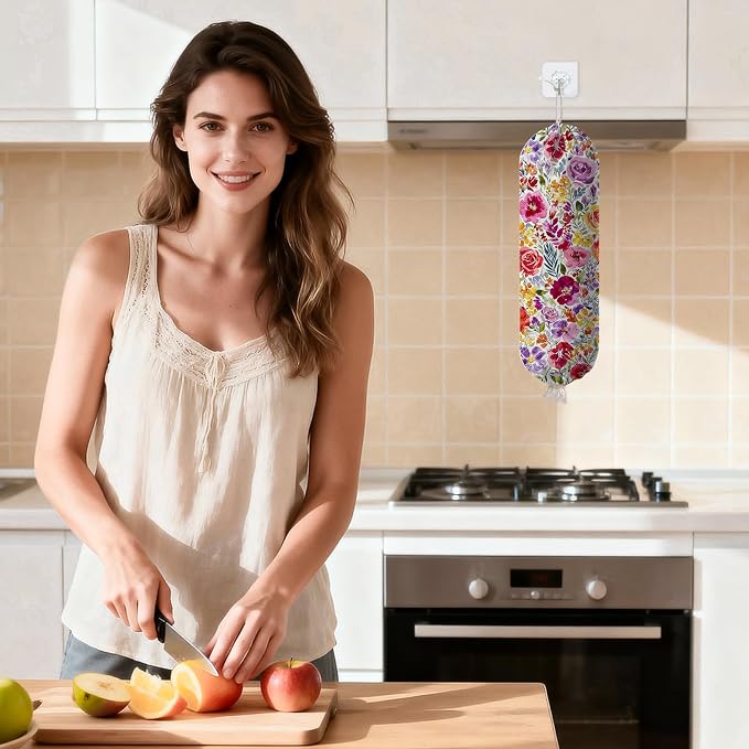 Plastic Bag Holder Dispenser, Plastic Grocery Bag Organizer & Wall Mount Paper Trash Bags Saver Storage for Kitchen Home Pantry Decor, Colorful Floral Kitchen Decor Shopping Bags Storage Dispenser - Image 9
