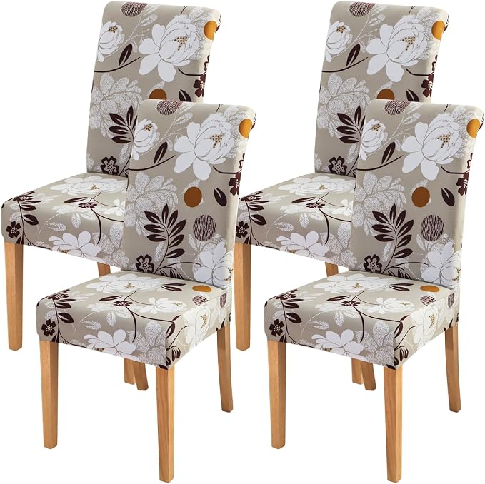 FORCHEER Chair Covers for Dining Chairs Set of 4,Beige Floral Stretch Dining Room Chair Cover Kitchen Parsons Chair Slipcovers (Pack of 4, Beige+Floral) by FORCHEER