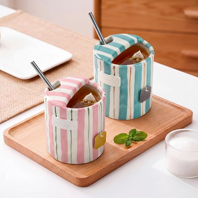 2 Pack Ceramic Coffee Mug with Sip Hole Espresso Cup 10oz with Straws Retro Hand Painted Striped Ceramic Iced Coffee Tea Travel Mug Latte Cup for Kitchen Dining (Simple,Pink,Blue) - Image 6