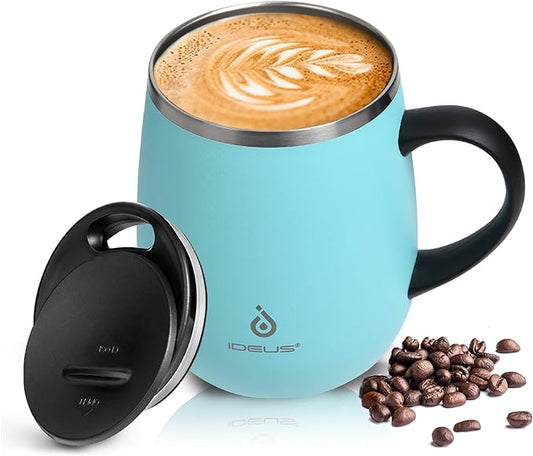 Ideus 16 oz (470 ml) Insulated Coffee Mug with Handle and Lid, Double Wall Stainless Steel Vacuum Thermal Coffee Mug, Travel Coffee Cup Thermal Cup for Home and Office (Sky Blue) by IDEUS