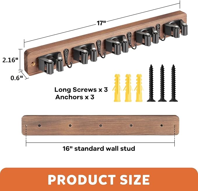 IMILLET Broom Holder Wall Mount, Rustic Broom Hanger for Laundry Room | Wood Broom and Mop Organization and Storage, Mop Holder for Home Decor, Garden, Garage, Closet, 5 Racks and 4 Hooks, Brown - Image 5