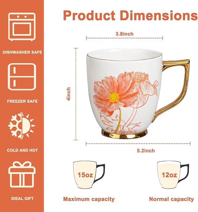 Ceramic Coffee Mug - 15 oz Tea Cup with Cosmos and Anemone Pattern, Porcelain Floral Mug for Home, Mother's Day Gift for Mom and Wife - Image 2