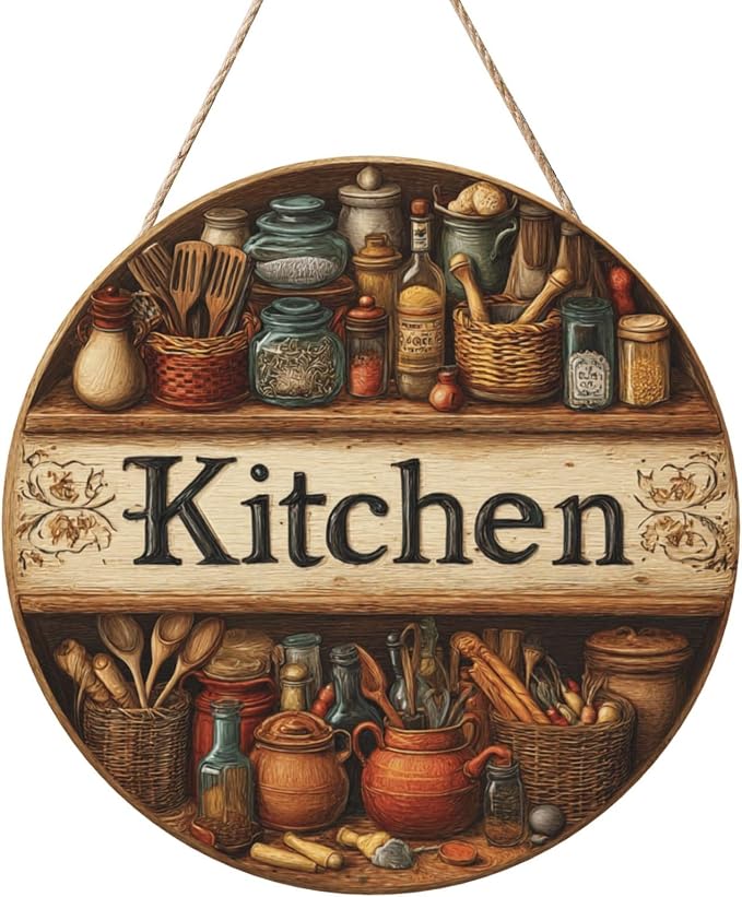 12inch Round Wall Decor With Tiered Shelves, Copper, Jars & Utensils, Rustic Kitchen Pantry Wooden Plaque, Kitchen Door Hanging Art, Home Decoration Artworks Create An Atmosphere by Vextrovia