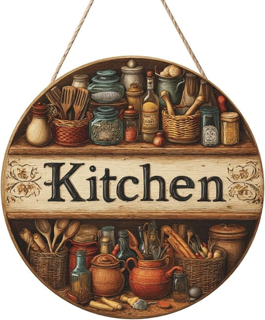 12inch Round Wall Decor With Tiered Shelves, Copper, Jars & Utensils, Rustic Kitchen Pantry Wooden Plaque, Kitchen Door Hanging Art, Home Decoration Artworks Create An Atmosphere by Vextrovia