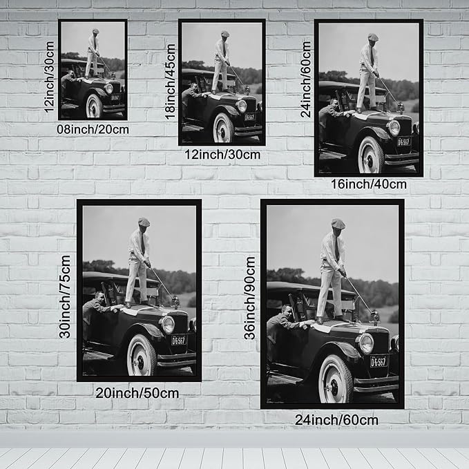 UXCBIA Vintage Golfer Teeing on Car, Black And White, Sports Bar Wall Decor, Funny for Men Poster Canvas Poster Bedroom Decor Sports Landscape Office Room Decor Gift Black Frame 16x24in(40x60cm) - Image 2