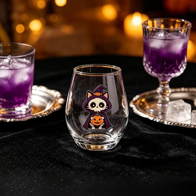 Halloween Stemless Wine Glass, Cute Pumpkin Ghost Cat Egg Shaped Tumbler, Clear Waterproof Printed Glassware, Festive Decorative Cup, Halloween Party Supplies & Holiday Gift for Women, B - Image 3