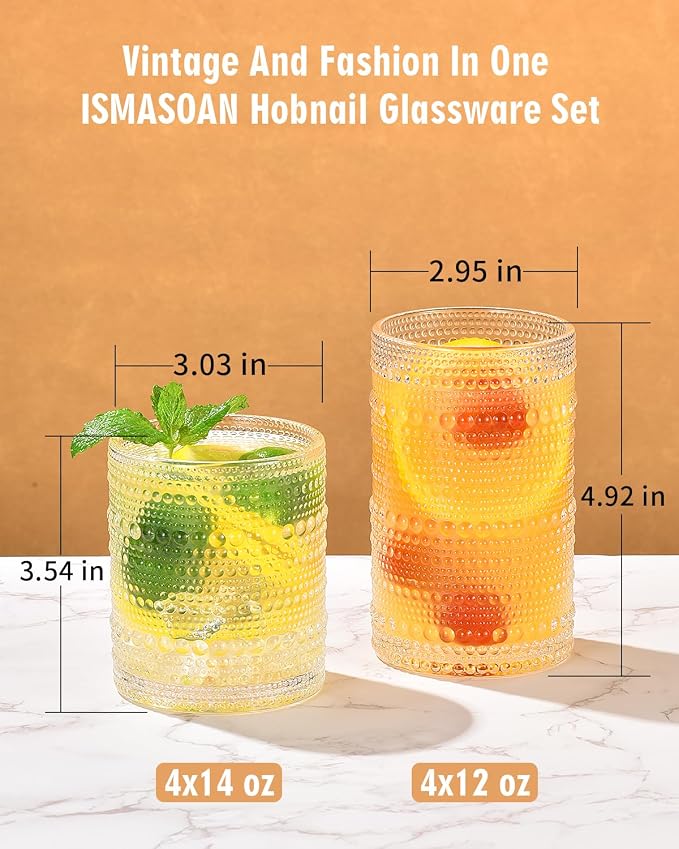ISMASOAN Vintage Hobnail Drinking Glasses Set of 8, 14oz &12oz Cocktail Cup | Beaded glassware with vintage bubble texture. Highball cups for kitchen use, whiskey, juice, water, beer and daily drinks - Image 2