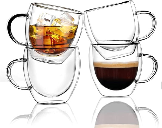 KitchenTour Insulated Coffee Mug 2.5 oz- Double Wall Glass Coffee Cup with Handle Set of 4 - Clear Glass Drinkware for Espresso，Cappuccino, Latte，Hot Beverages
