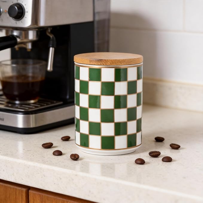 Kitchen Countertop Ceramic Checkered Canisters,Black And White Food Storage Containers With Lid,Airtight Kitchen Canisters for Flour, Sugar, Coffee, Tea, and Dry Goods (Green, Small) - Image 7