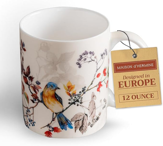 Maison d' Hermine Coffee Mug with Handles Tea Cups (12 Ounce, Pack of 1) | Fine Bone China Coffee Mugs for Hot Beverages Cappuccino Latte Home Restaurant Spring Summer -Equinoxe - Beige - Sparrows by MaisondHermine