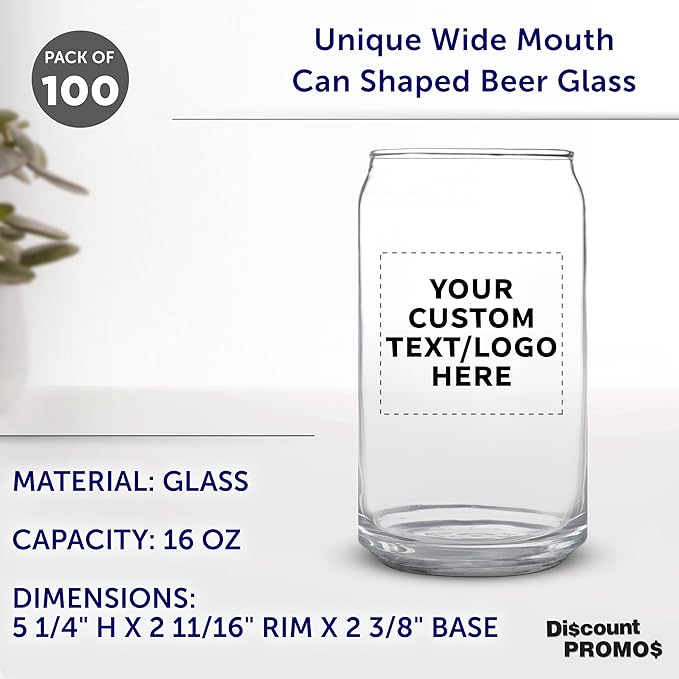 Custom Beer Can Glasses Set of 100, 16 oz. Pint Sized, Promotional Text, Logo, Soda Can Shape, Glassware, Clear