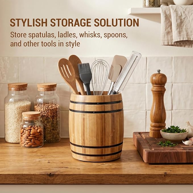 MyGift Wine Barrel Design Kitchen Utensil Crock, Light Brown Solid Bamboo Wood Cooking Tool Holder - Image 3