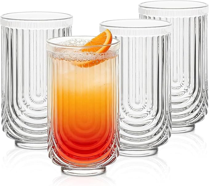 Vintage Glassware Arch Design Glass cups Set of 4, Fashioned Ripple Glassware Highball Glass, Classic Transparent Cocktail Glasses, for Bar Beverages Ice Coffee Juice Water (4pcs-L) by Unknown