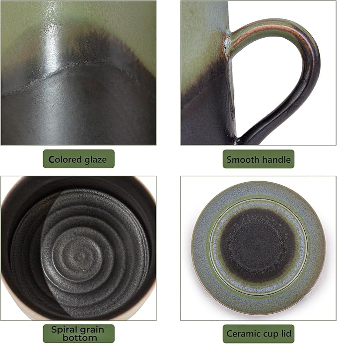 Handmade Ceramic Coffee Mugs, 11.2 OZ Colored Glaze Coffee Cups with Lids, Birthday Gift for Women, Mom, Dad, Friend, Sister, Brother, Dishwasher and Microwave Cups