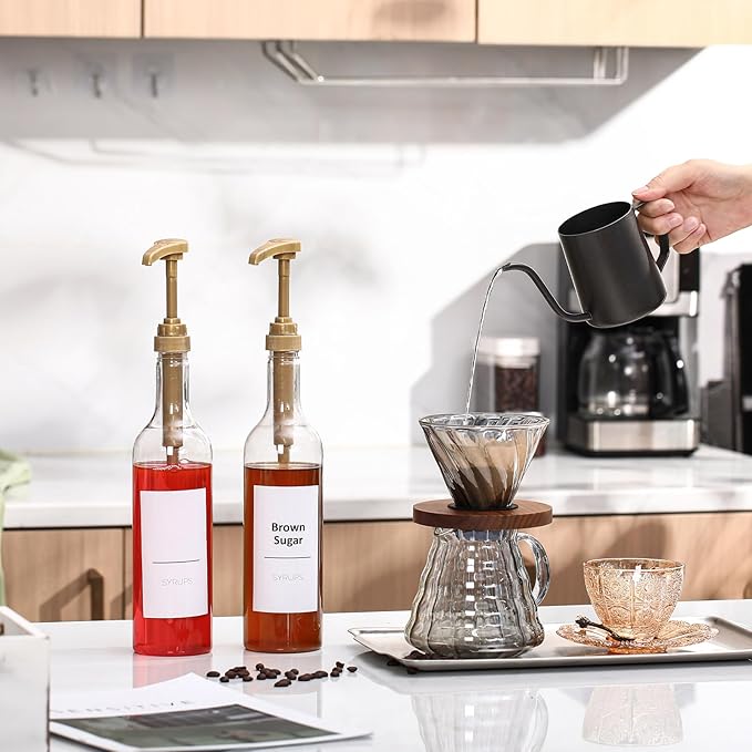 Bokon Coffee Syrup Dispenser 25.4 oz 750 ml Drinking Syrup Pump Bottles with Comprehensive Label Set and Funnel for Coffee Bar Accessories Essentials(Gold,10 Pcs)