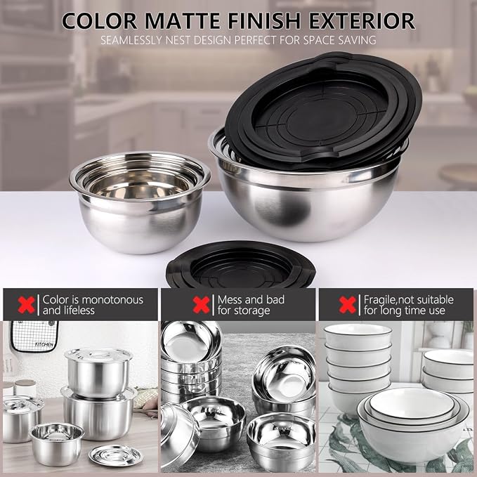 Leidawn Mixing Bowls with Lids set - 25 PCS Stainless Steel Nesting Black Mixing Bowls Set for Baking, Mixing, Serving & Prepping, Size 5, 3.7, 2.8, 2.3, 1.7, 1.1, 0.7QT, 11 Cooking - Image 6