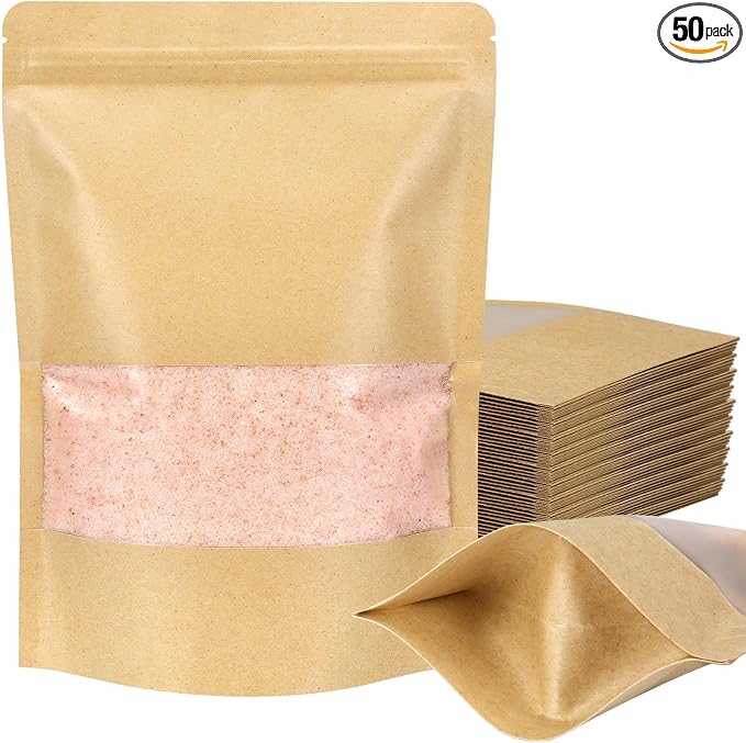 50 Pack Kraft Resealable Bags with Window for Storage (6 x 8.1 Inches) | Brown Zipper-Lock Heat Sealable Stand Up Pouch Bags with Matte Window and Tear Notch for Small Business Home Use by Blisstime