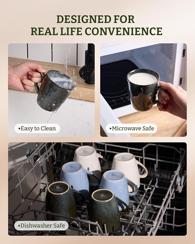 famiware Coffee Mugs Set of 6,Ocean Round 11.5oz Coffee Cup Set with Handle for Cocoa, Milk, Hot Chocolate, Tea or Water, Stoneware Cups for Kitchen, Microwave Dishwasher Safe, Deep Forest - Image 5