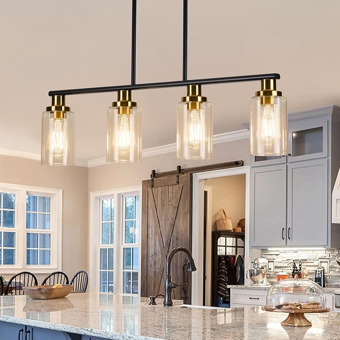 Island Lights for Kitchen, 4-Light Farmhouse Dining Room Light Fixtures Over Table, Matte Black and Gold Linear Chandeliers for Dining Room，Industrial Pendant Lighting with Clear Glass Shade - Image 5