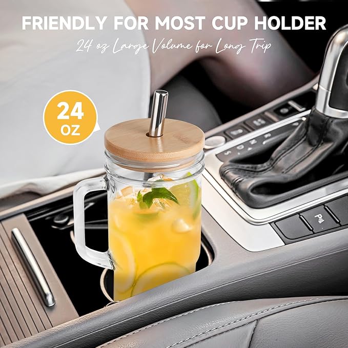 MCleanPin Glass Cups with Bamboo Lids and Straws,24oz Glass Tumbler with Handles,2Pack Mason Jar with Lids and Straw Wide Mouth, Reusable Smoothies Cups, Iced Coffee Cups, Drinking Jars Travel Mugs