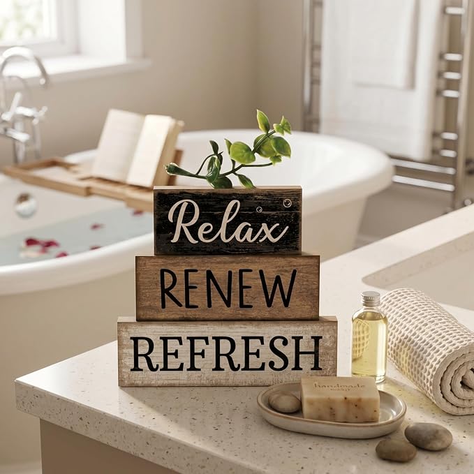 Moucuny 4 Pcs Bathroom Shelf Decor Sign Farmhouse Bathroom Decor and Accessories Rustic Eucalyptus Leaves Block Sign Gift Relax Renew Refresh Farmhouse Table Centerpiece for Home Office Toilet - Image 8