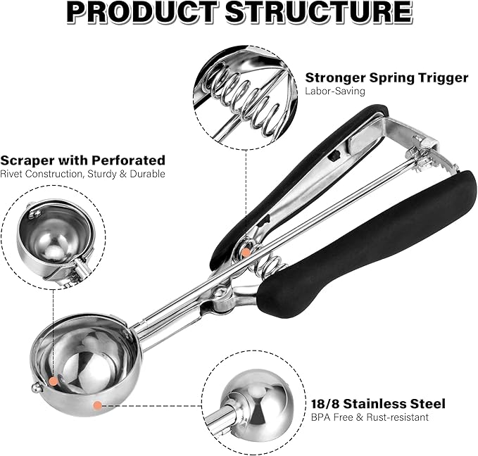 Cookie Scoop 2 Tbsp, TJ POP Professional Stainless Steel Ice Cream Scoop 44 mm, Good Soft Grips, Quick Trigger Release, 30 ml