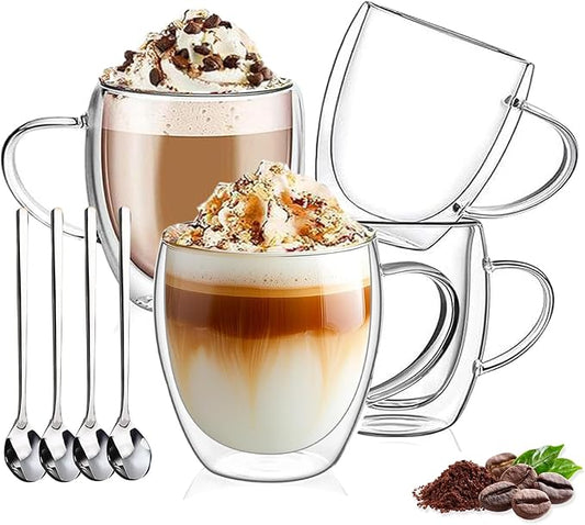 DINGPAI 4 Pack Double Wall Glass Coffee Mugs, 8oz Borosilicate Glass Mug | Heat-resistant, Cappuccino Espresso Tea Latte Cup with Handle, 4 Spoons for Stirring Beverages in Bar, Cafe, or at Home by DINGPAI
