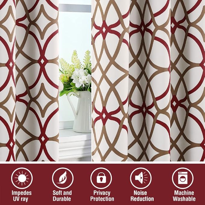 H.VERSAILTEX Blackout Curtains Printed Design 108 Inch Length 2 Panels Set Thermal Insulated Curtains for Bedroom Living Room Geometric Modern Grommet Window Drapes - Taupe and Red - Image 6