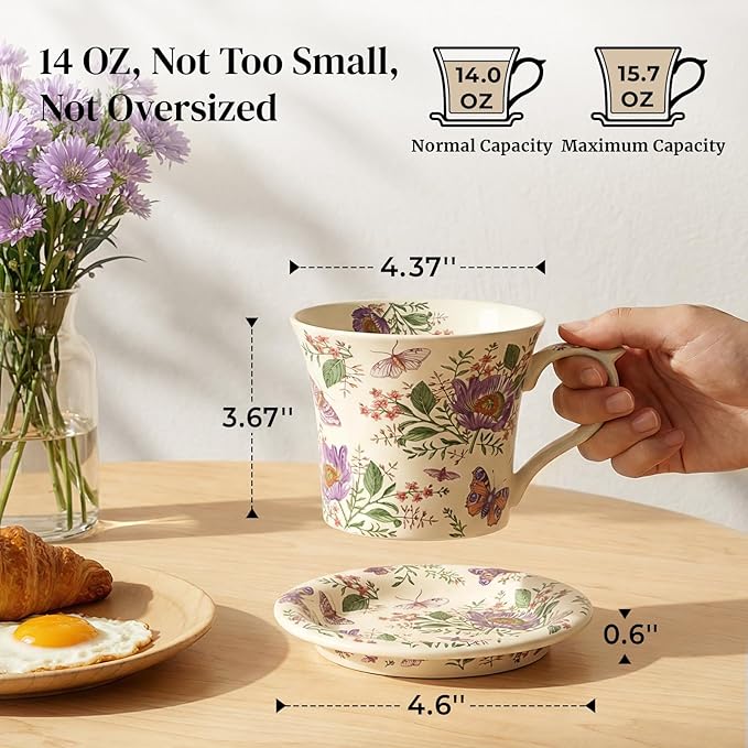 DOWAN 14 OZ Tea Cup & Saucer Set, Floral Mug with Lid, Ceramic Cappuccino/Latte Mug for Women, One Set - Image 5