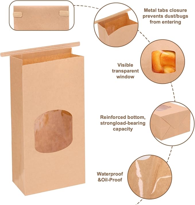 Moretoes 55pcs Medium Bakery Cookie Bags with Seal, 4.6x2.6x9.7In | Brown Kraft Paper Cookie Bags with Window, Seal by Tin Tie Tab, for Cookie Coffee Bread Bagel Bakery Gift Giving Packing - Image 3