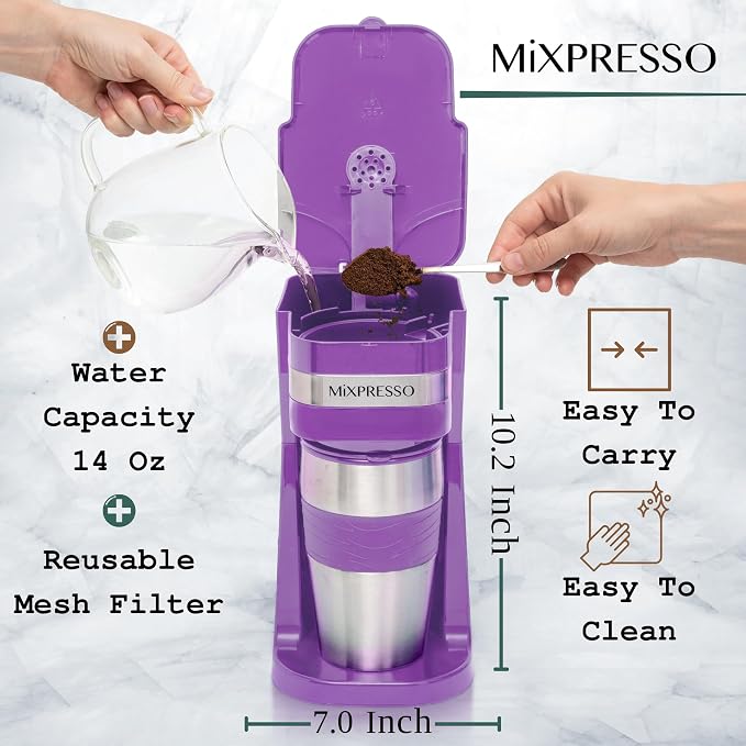 Mixpresso Single Serve & Single Cup Coffee Maker with 14oz Travel Mug | For ground coffee only, reusable filter, auto shut off. Compact personal drip coffee maker, not compatible with K-Cup pods. - Image 3
