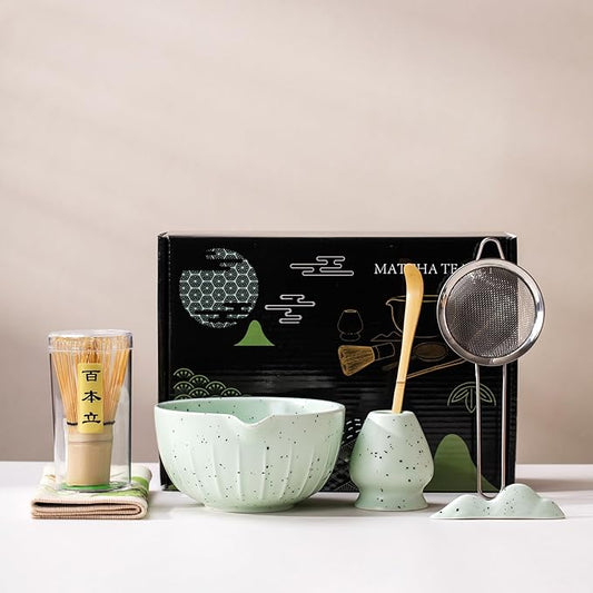 7Pcs Japanese Matcha Tea Set, Matcha Kit with Matcha Bowl (with Pouring Spout), Matcha Whisk, Whisk Holder, Strainer - Elegant Matcha Set for Gifting and Personal Use, Gift Box Packaging (Green spots)