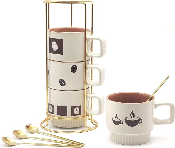 Stackable Coffee Mug Sets of 4 with Rack Tea Cup Set with Spoon 11oz for Coffee, Tea, Cocoa, Cappuccino, Hot Chocolate Ceramic Espresso Cups with Coffee Cup Holder, theme of Trendy by MOCERAKAI