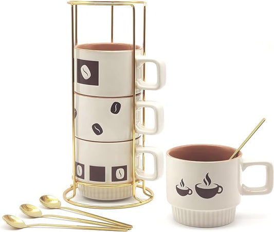 Stackable Coffee Mug Sets of 4 with Rack Tea Cup Set with Spoon 11oz for Coffee, Tea, Cocoa, Cappuccino, Hot Chocolate Ceramic Espresso Cups with Coffee Cup Holder, theme of Trendy by MOCERAKAI
