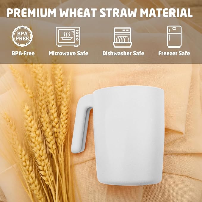 Wheat Straw Cups 16 OZ, Unbreakable Coffee Mugs Set of 6, Alternatives to Plastic Drinking Cups Reusable, Dishwasher Safe Coffee Cups for Kitchen, Camping, Farmhouse - White - Image 3