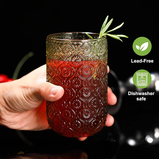 Green Drinking Glasses Set of 12, 12 Oz Highball & 10 Oz Cocktail Glasses, Green Kitchen Vintage Glassware Set, Floral Embossed Glass Tumbler Cups for Water, Beer, Juice, Whiskey, Coffee - Image 6