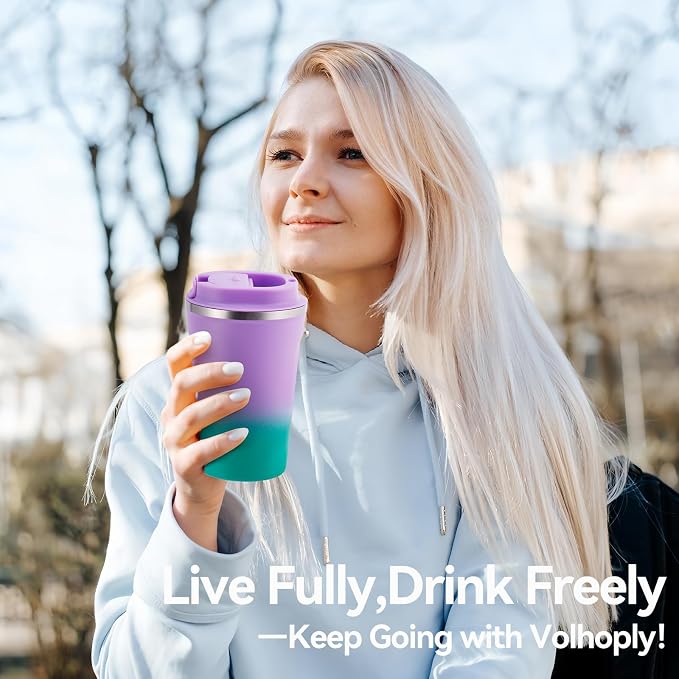 Volhoply 12 oz Double Wall Insulated Vacuum Travel Coffee Mug with Flip Lid Bulk 4 Pack,Reusable Stainless Steel Leak Proof Coffee Cup,Portable Thermal Tumbler for Hot&Cold Drinks(Purple Green,4 Set) - Image 7