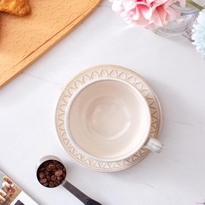 Coffeezone Vintage Design 12 oz Ceramic Latte Art Cappuccino Barista Cup with Saucer (Embossed Beige) - Image 5