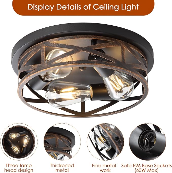 13 Inch Farmhouse Close to Ceiling light Fixtures, 3-Lights Flush Mount Ceiling Light, Indoor Metal Cage Semi Flush Mount Ceiling Light for House Hallway Kitchen Bedroom, 2 Pack, Black and Gold - Image 2
