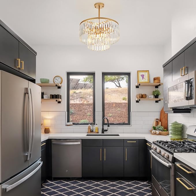 17.7" Gold Semi Flush Mount 2-Tier Crystal Ceiling Light Fixtures for Dining Room Modern Industrial 8-Light Chandeliers Lighting for Bedroom Entryway Hallway Kitchen Island Living Room Foyer - Image 8
