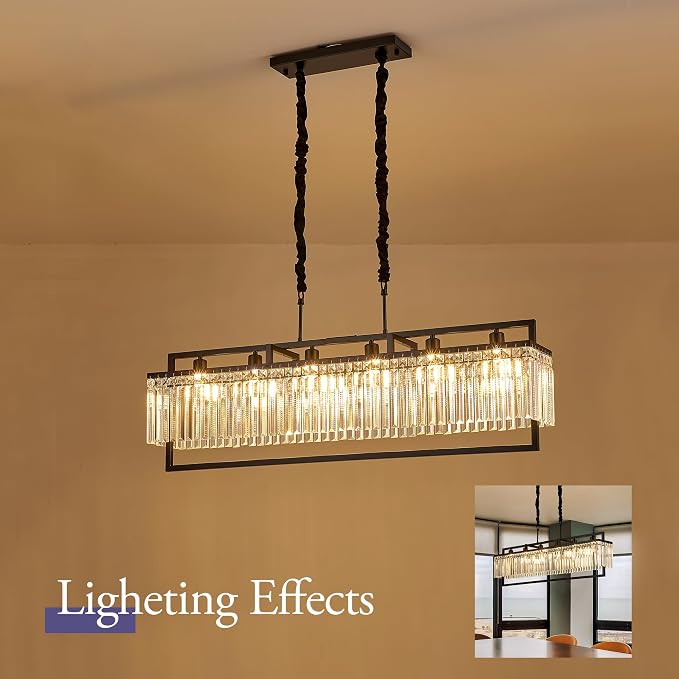 43.7" Modern Black Crystal Chandeliers for Dining Room, Luxury Rectangle 6-Light Kitchen Island Lighting, Linear Hanging Ceiling Pendant Light Fixture for Pool Table Entryway Foyer Hallway - Image 7