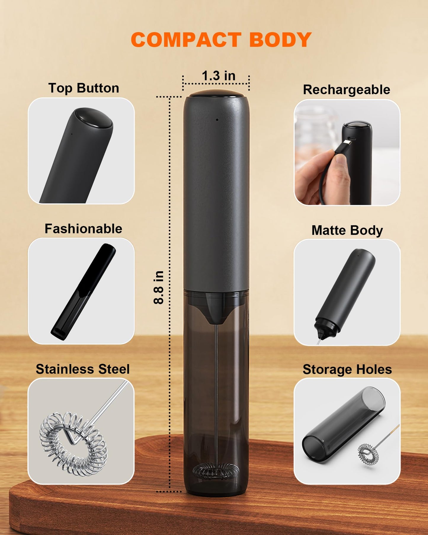 Rechargeable 3-Speed Milk Frother Wand (Black)