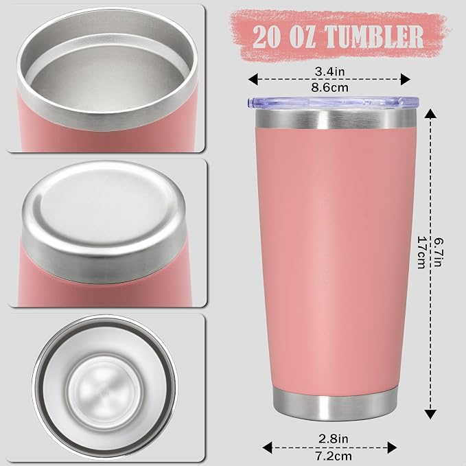 20oz Tumbler Insulated Coffee Tumblers with Lid Stainless Steel Pink 8P | 20 oz Tumblers Double Wall Insulated Vacuum 20oz Coffee Mug Leak Proof Tumblers with Lid Powder Coated - Pink 8 Pack - Image 4