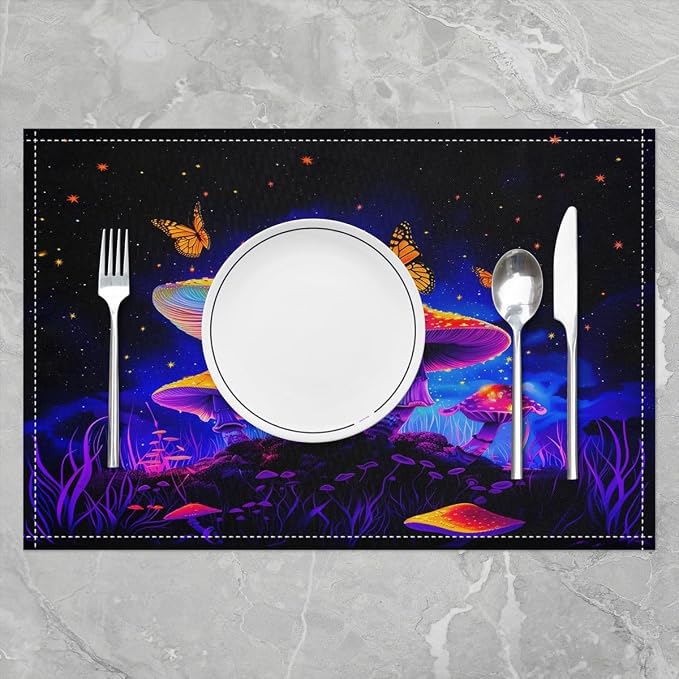 Feelyou Colorful Mushroom Table Place Mats 18"x12" Butterfly Placemats Set of 4 Nature Placemat for Kitchen Dining Table Decor Indoor Outdoor Mushroom Decor Table Place Mats Wild Mushroom Stuff - Image 2