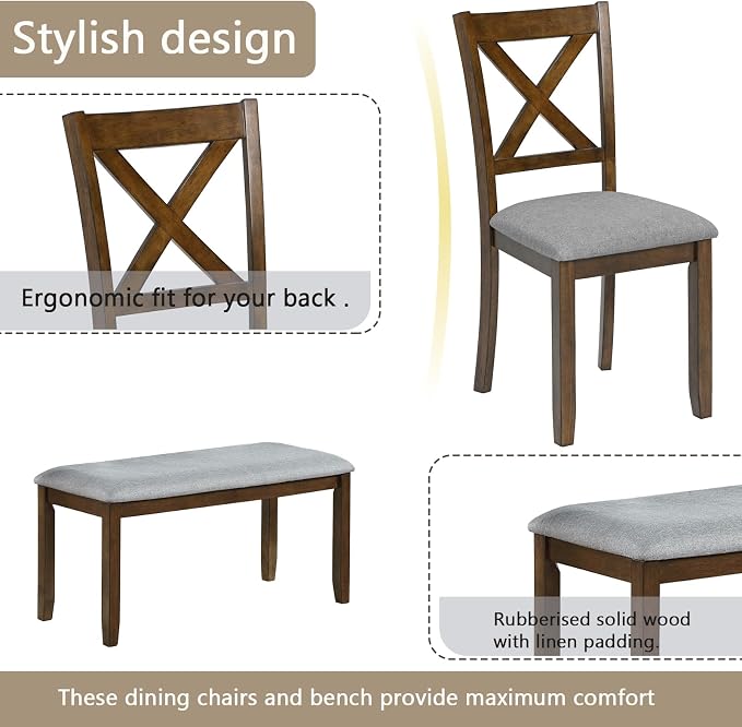 6-Piece Dining Table Set with Bench and Chairs - Solid Wood Kitchen Dining Room Table Set in Farmhouse Rustic Style, Table Set for 6 with 4 Chairs and Bench Seat.(Walnut_Large) - Image 7