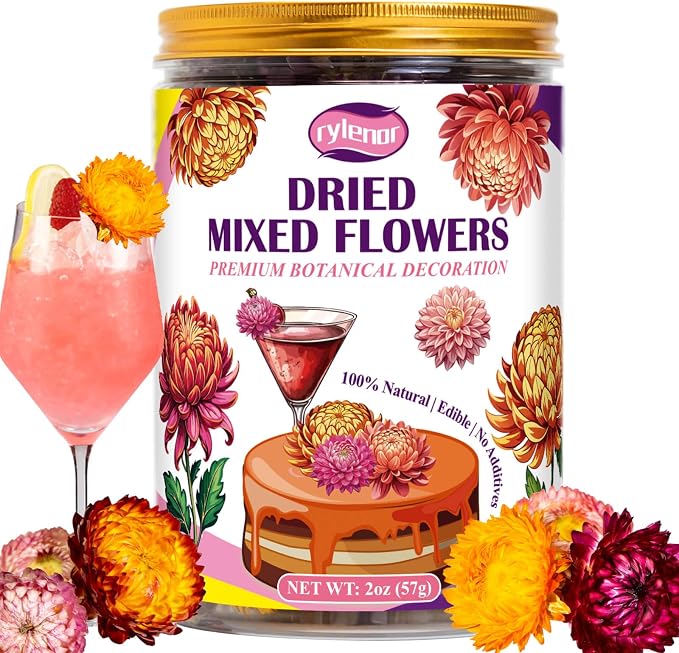 Edible Mixed Color Dried Flowers, 70 Pcs Food Grade Edible Flowers | Natural Dreid Flowers for Garnishing Cocktails, Cake Decorations, Drink Botanicals, Tea Infusions and DIY Crafts (2 oz) by rylenor