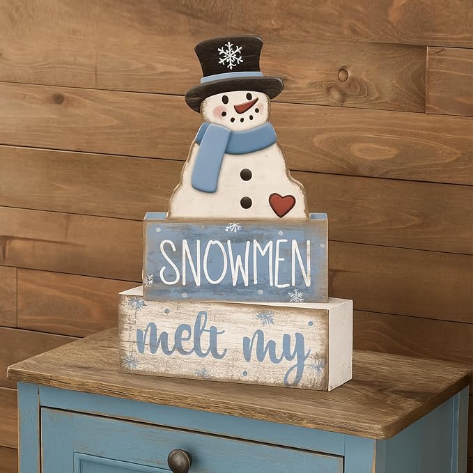 Moucuny 4 Pcs Winter Table Decorations Blue and White Snowman Decor Winter Tiered Tray Decor Valentines Day Centerpiece Rustic Decorative Hat Snowman Block Signs Gift Farmhouse for Home Kitchen Shelf - Image 8