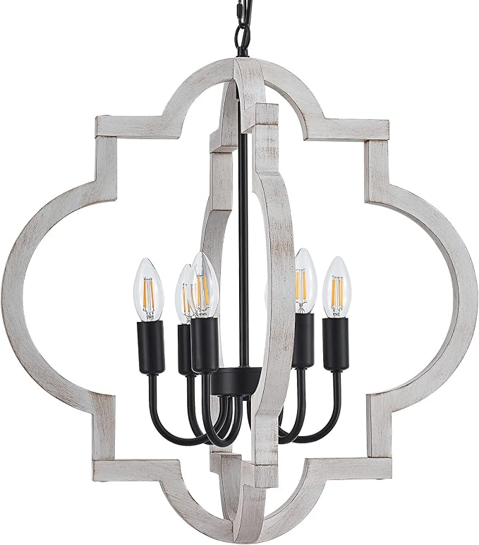 6-Light 21" Farmhouse Orb Chandelier Rustic Handmade Distressed White Wood Hanging Ceiling Pendant Light Fixture Wood Lantern Chandeliers for Dining Room Kitchen Bedroom Foyer Hallway - Image 9