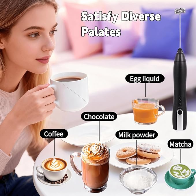 Rechargeable Milk Frother Handheld,Kitchen Essentials Hand Mixer with 3 Stainless Whisks Heads,Electric Whisk Frother for Latte, Cappuccino,Matcha, Egg, Milk Powder,with Stand (black)