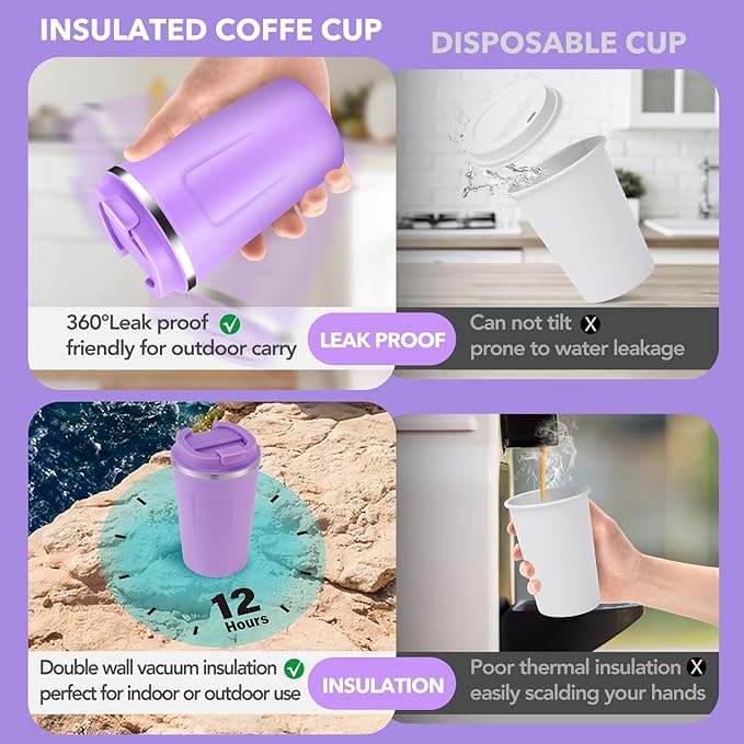 Volhoply 12 oz Double Wall Insulated Vacuum Travel Coffee Mug with Flip Lid Bulk 8 Pack,Reusable Stainless Steel Leak Proof Coffee Cup,Portable Cafe Thermal Tumblers for Hot&Cold Drinks(Purple,8 Set) - Image 3